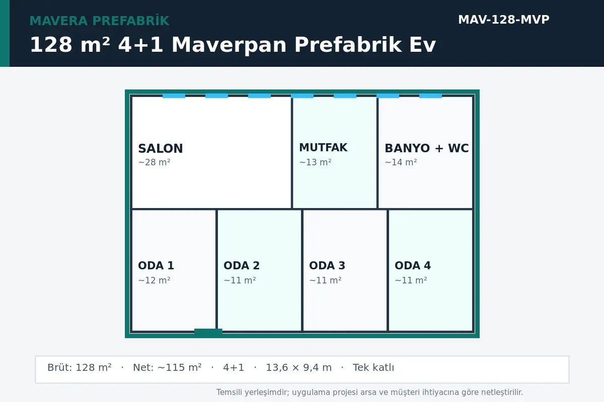 128 m² 4+1 Maverpan prefabrik ev temsili kat planı