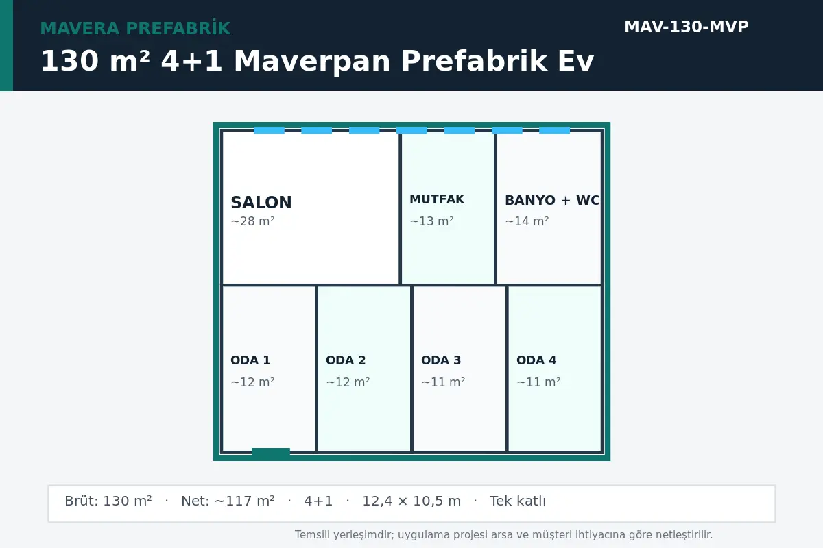 130 m² 4+1 Maverpan prefabrik ev temsili kat planı