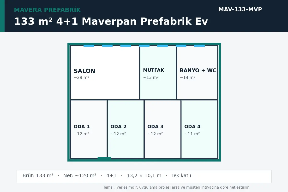 133 m² 4+1 Maverpan prefabrik ev temsili kat planı
