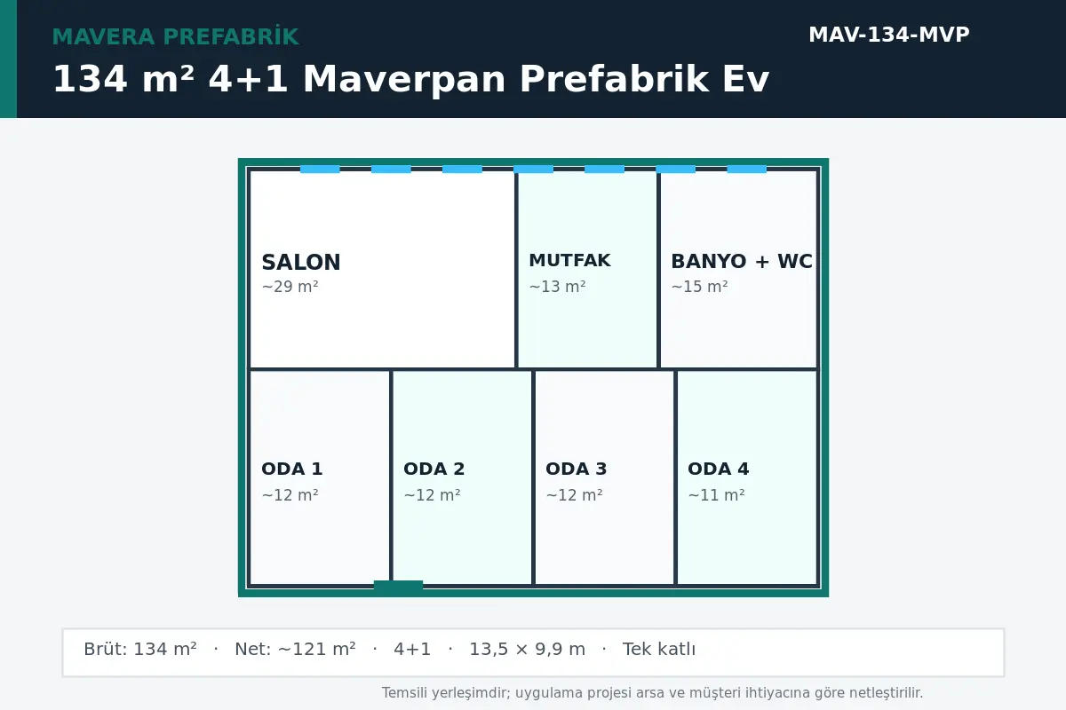 134 m² 4+1 Maverpan prefabrik ev temsili kat planı