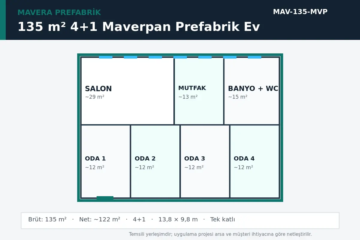 135 m² 4+1 Maverpan prefabrik ev temsili kat planı
