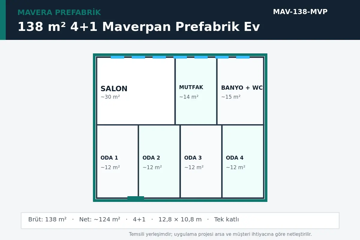 138 m² 4+1 Maverpan prefabrik ev temsili kat planı