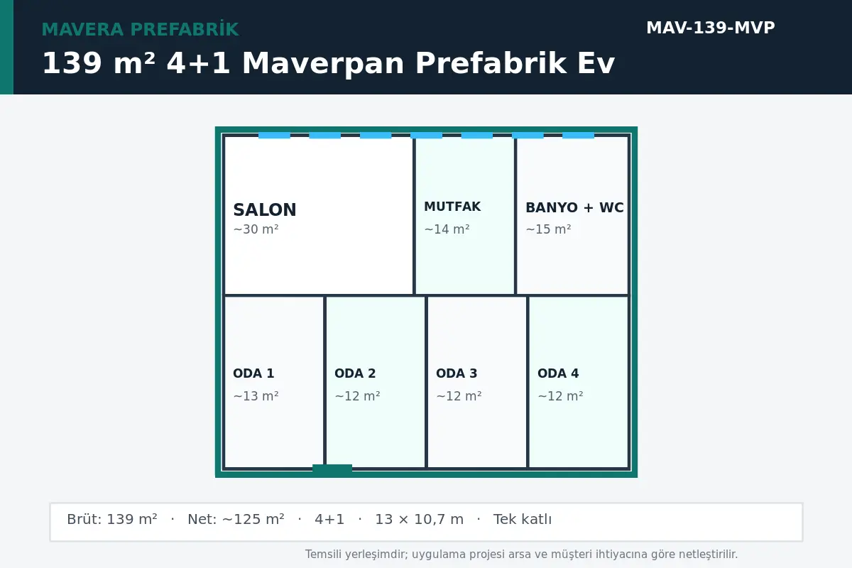 139 m² 4+1 Maverpan prefabrik ev temsili kat planı