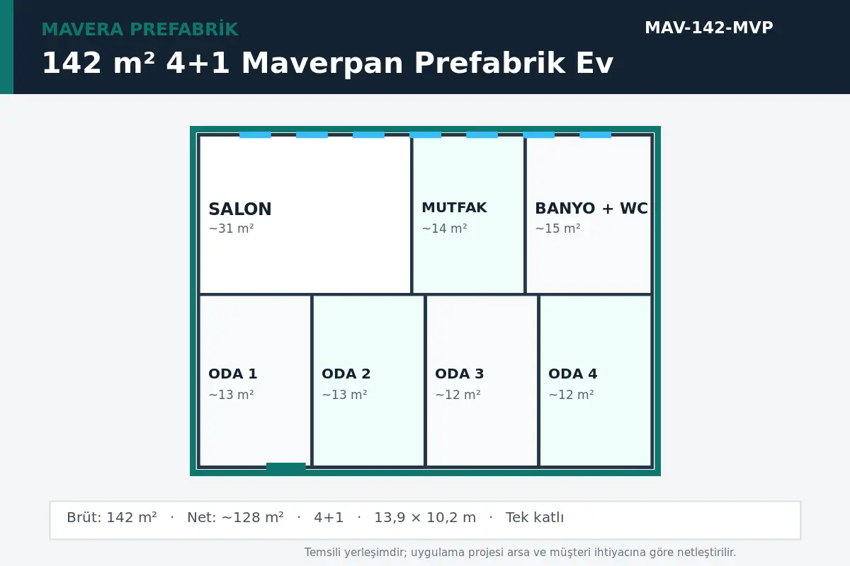 142 m² 4+1 Maverpan prefabrik ev temsili kat planı