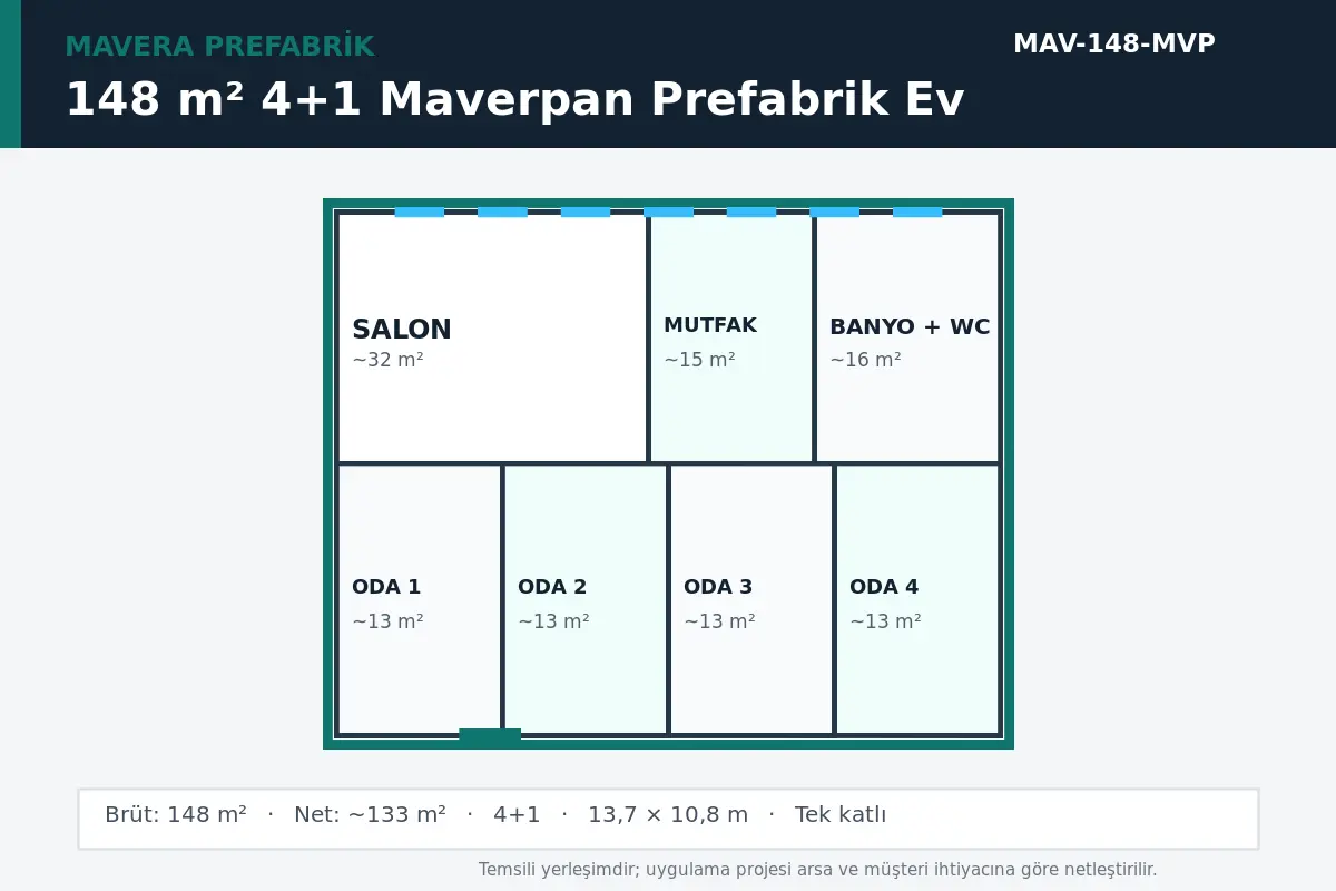 148 m² 4+1 Maverpan prefabrik ev temsili kat planı