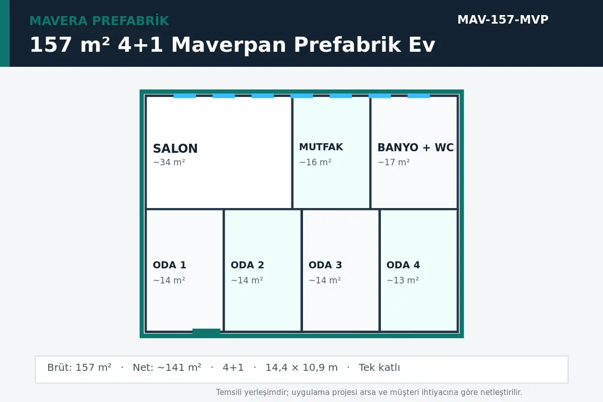157 m² 4+1 Maverpan prefabrik ev temsili kat planı