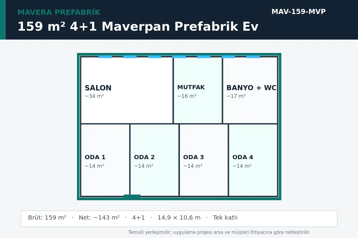 159 m² 4+1 Maverpan prefabrik ev temsili kat planı