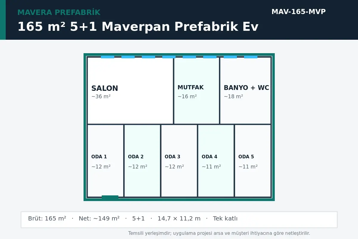 165 m² 5+1 Maverpan prefabrik ev temsili kat planı