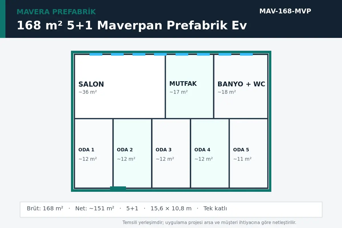 168 m² 5+1 Maverpan prefabrik ev temsili kat planı