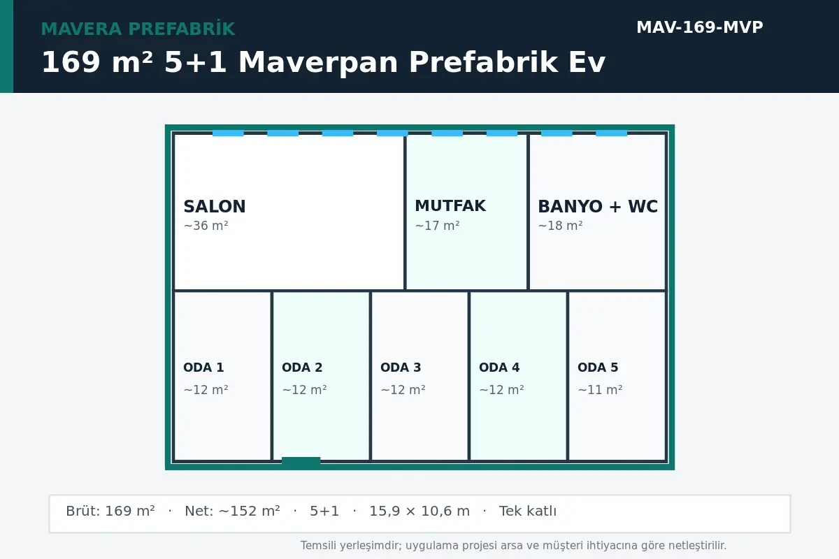 169 m² 5+1 Maverpan prefabrik ev temsili kat planı