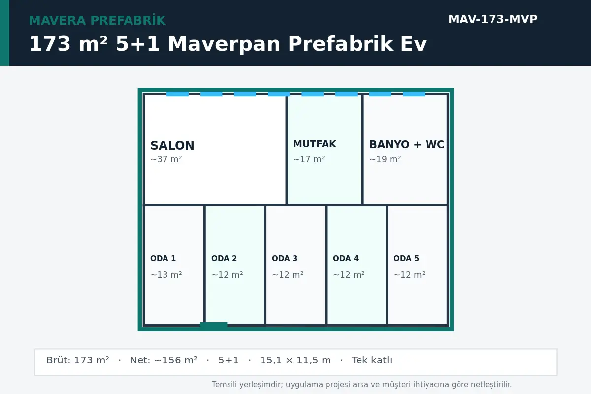173 m² 5+1 Maverpan prefabrik ev temsili kat planı