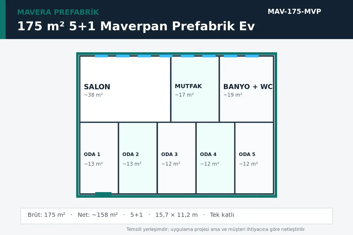 175 m² 5+1 Maverpan prefabrik ev temsili kat planı