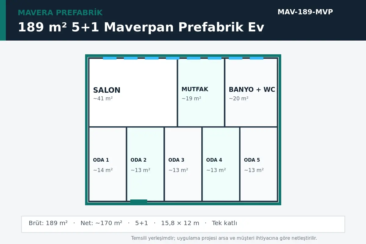 189 m² 5+1 Maverpan prefabrik ev temsili kat planı