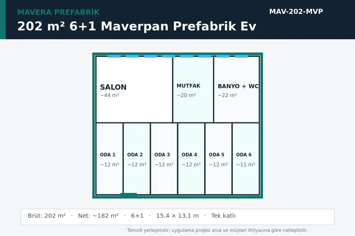202 m² 6+1 Maverpan prefabrik ev temsili kat planı