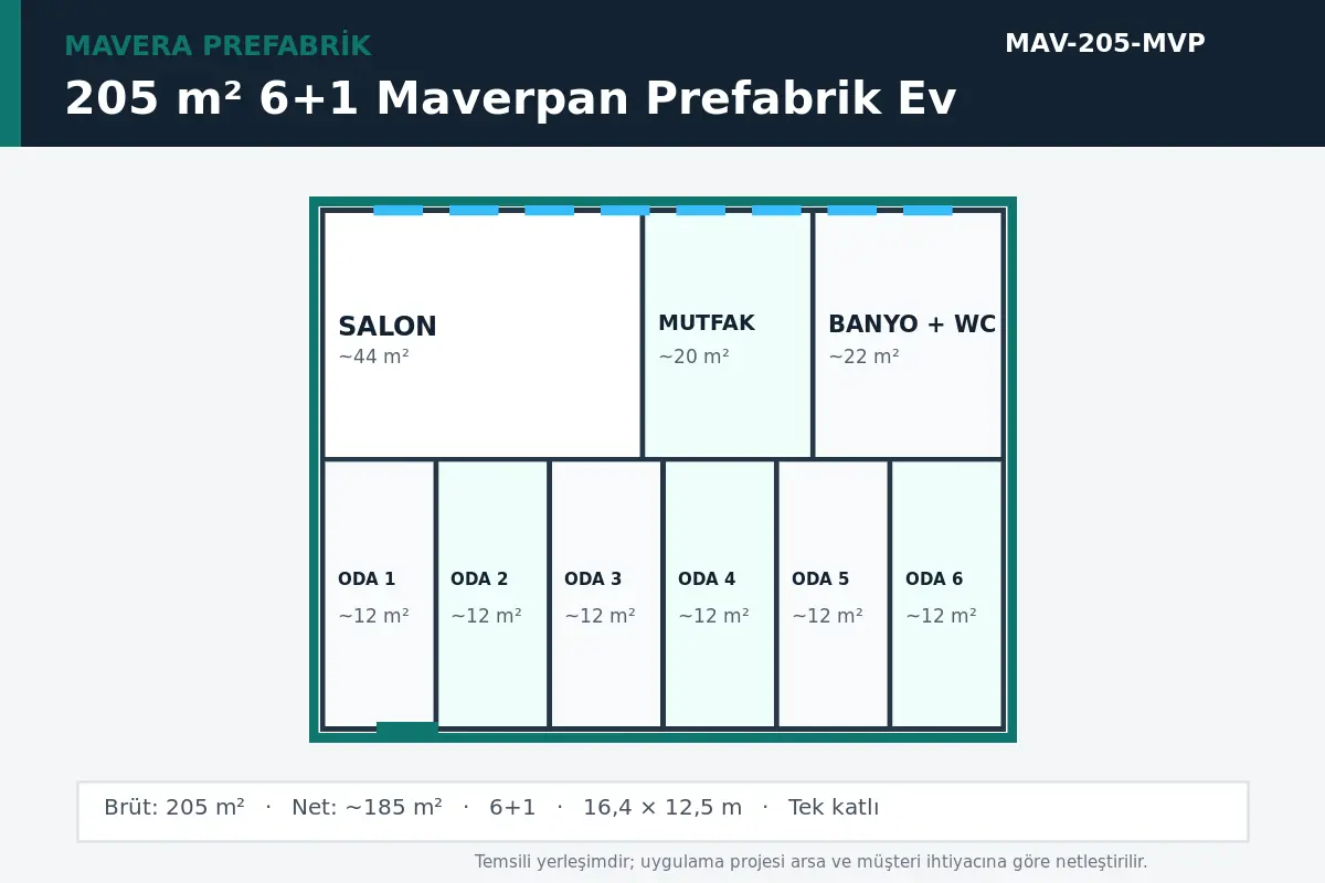 205 m² 6+1 Maverpan prefabrik ev temsili kat planı