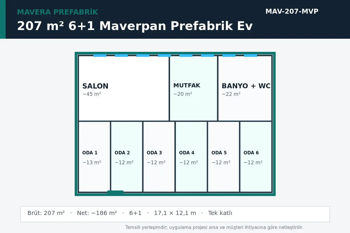 207 m² 6+1 Maverpan prefabrik ev temsili kat planı