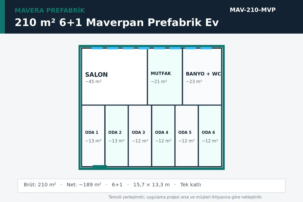 210 m² 6+1 Maverpan prefabrik ev temsili kat planı