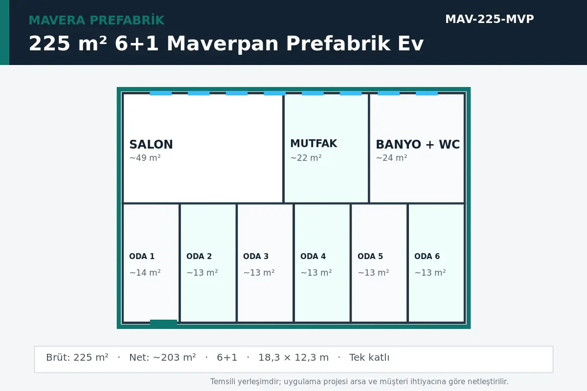 225 m² 6+1 Maverpan prefabrik ev temsili kat planı