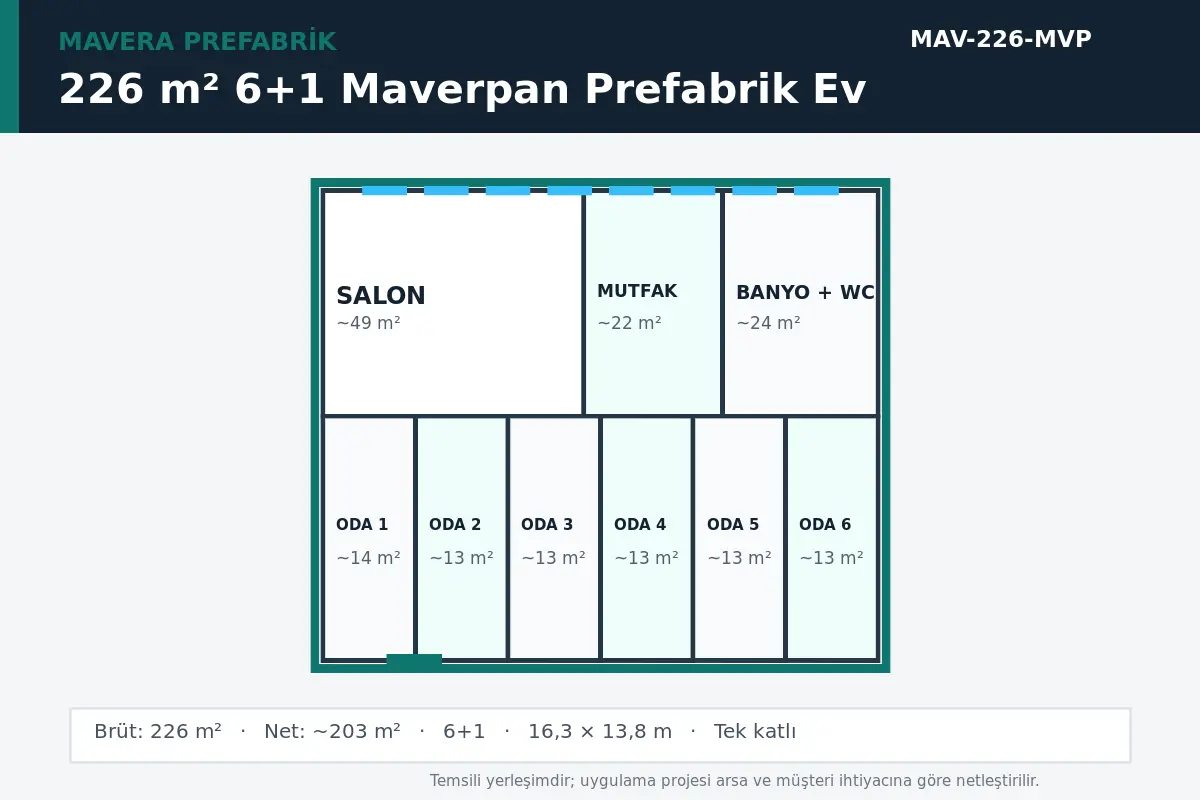 226 m² 6+1 Maverpan prefabrik ev temsili kat planı