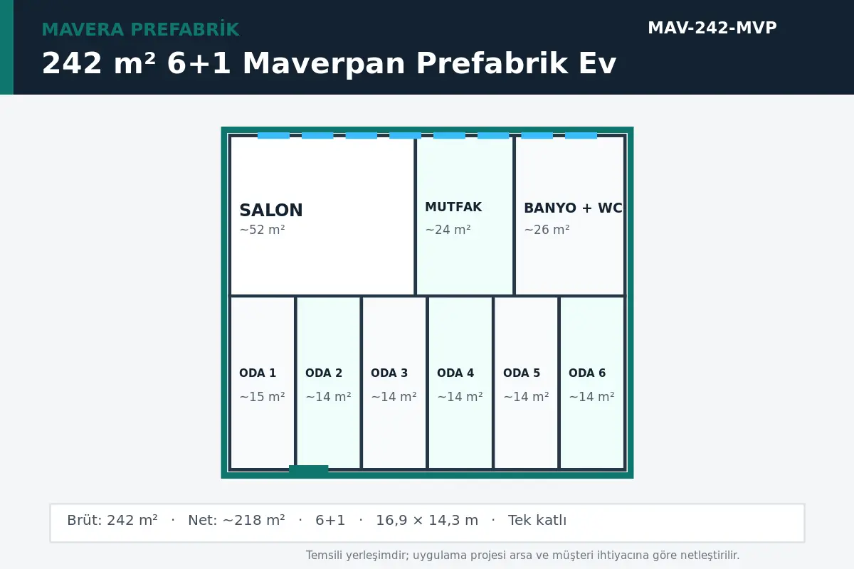 242 m² 6+1 Maverpan prefabrik ev temsili kat planı