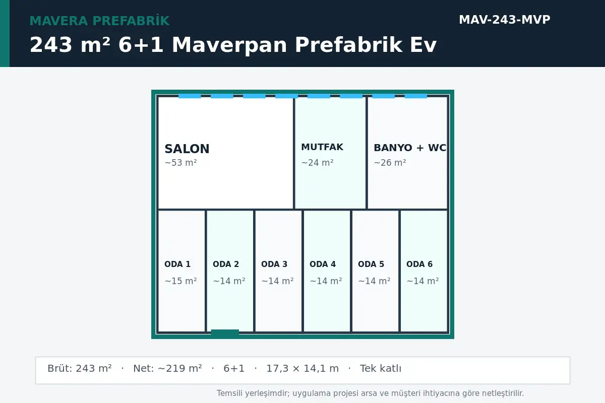 243 m² 6+1 Maverpan prefabrik ev temsili kat planı